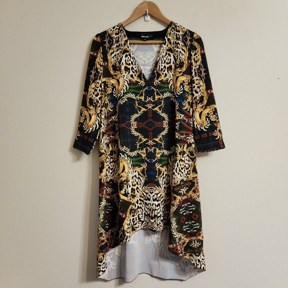 JUST CAVALLI Black Printed 3/4 Sleeve V Neck Hi-Lo Midi Dress Size 42 Quiet Lux